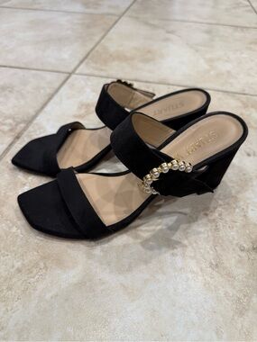 Stuart Weitzman Piper 75mm Black Suede Pearl & Gold-Accented Block Heel Sandals